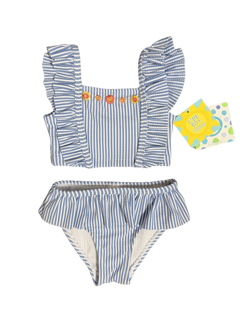 Little Me Blue & White Seersucker 2 Pc Swimsuit w/ Embroidery Size 12 Months